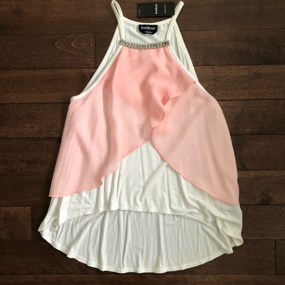 bebe Jeweled Chiffon White Layer Top Pink & White - Picture 1 of 7